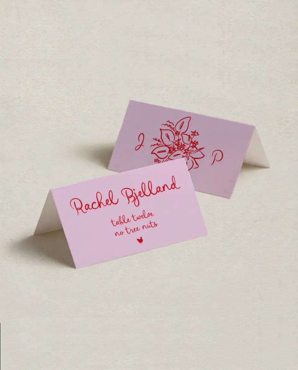 This is a 3½" x 2" Folded Wedding Place Card called Flourishing Love printed in full color on Premium Smooth paper