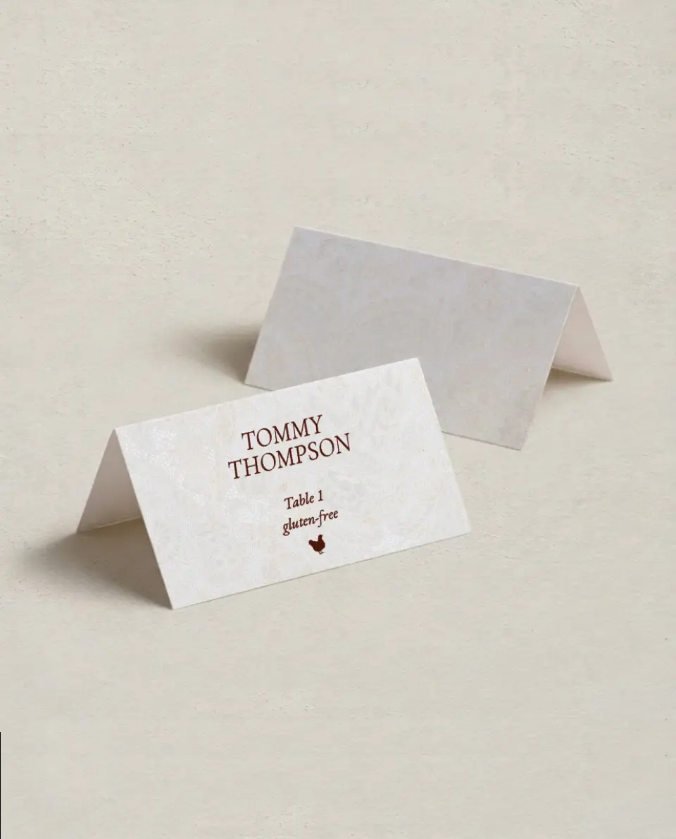 This is a 3½" x 2" Folded Wedding Place Card called Trimmed Lace printed in full color on Premium Smooth paper