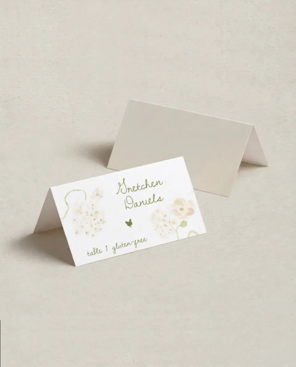 This is a 3½" x 2" Folded Wedding Place Card called Soft Garden Vows printed in full color on Premium Smooth paper