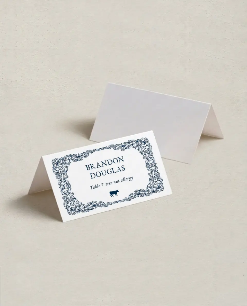 This is a 3½" x 2" Folded Wedding Place Card called Heirloom Crest printed in full color on Premium Smooth paper