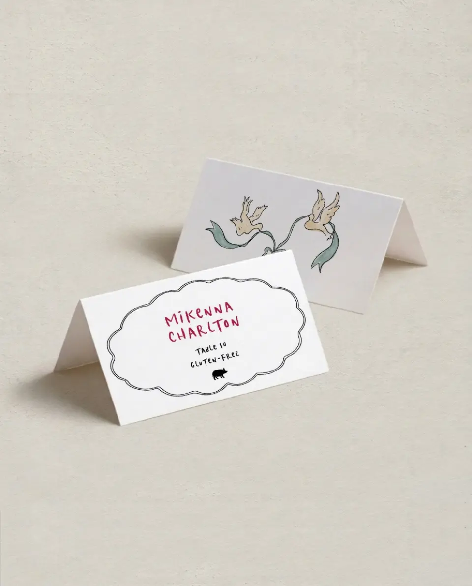 This is a 3½" x 2" Folded Wedding Place Card called Love Dove printed in full color on Premium Smooth paper