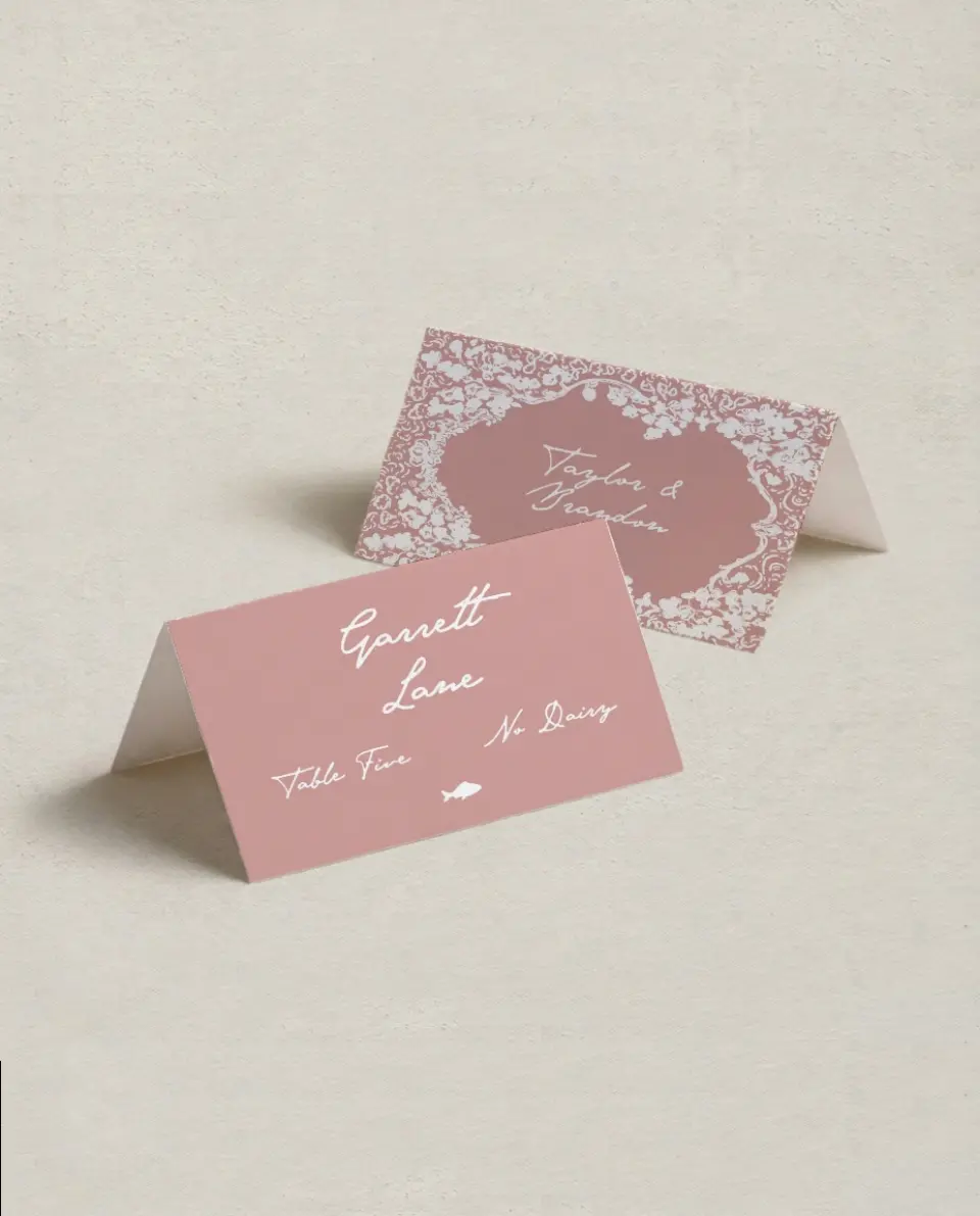 This is a 3½" x 2" Folded Wedding Place Card called Verdant Romance printed in full color on Premium Smooth paper