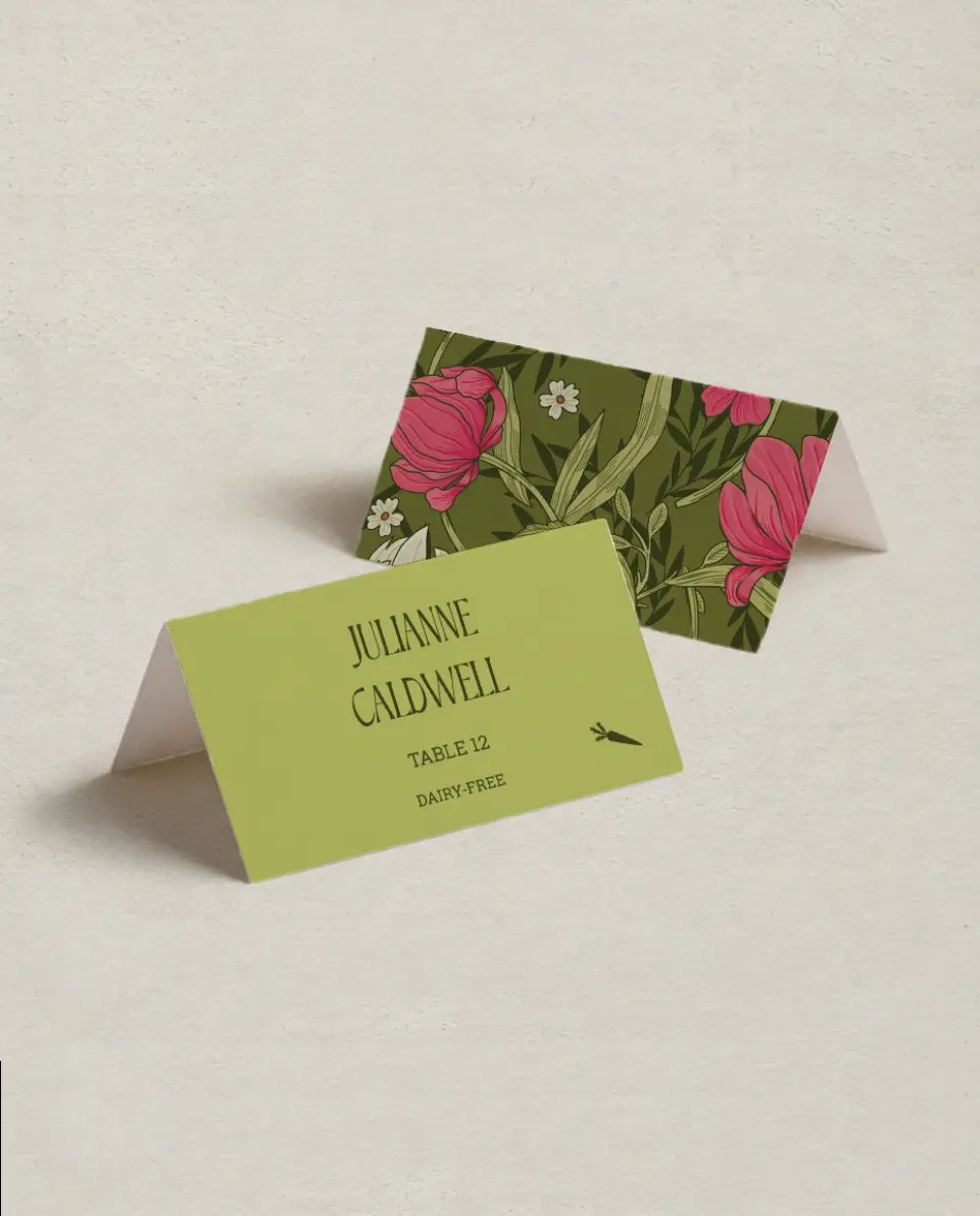 This is a 3½" x 2" Folded Wedding Place Card called Nouveau Romance printed in full color on Premium Smooth paper