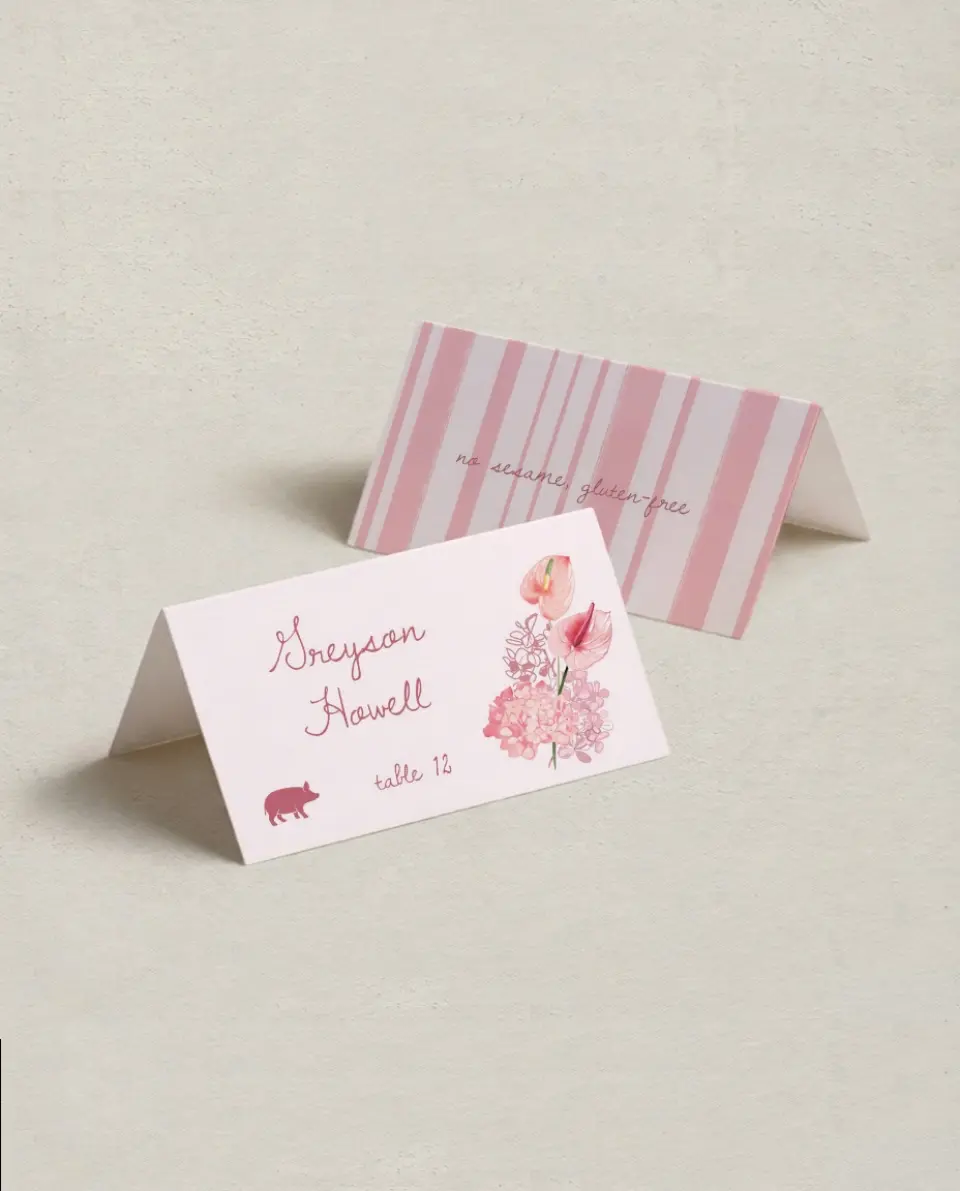 This is a 3½" x 2" Folded Wedding Place Card called Blushing Whimsy printed in full color on Premium Smooth paper