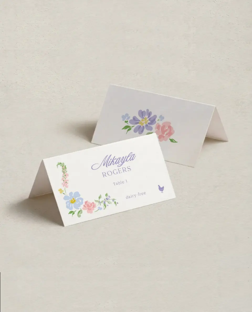This is a 3½" x 2" Folded Wedding Place Card called Gentle Garden printed in full color on Premium Smooth paper