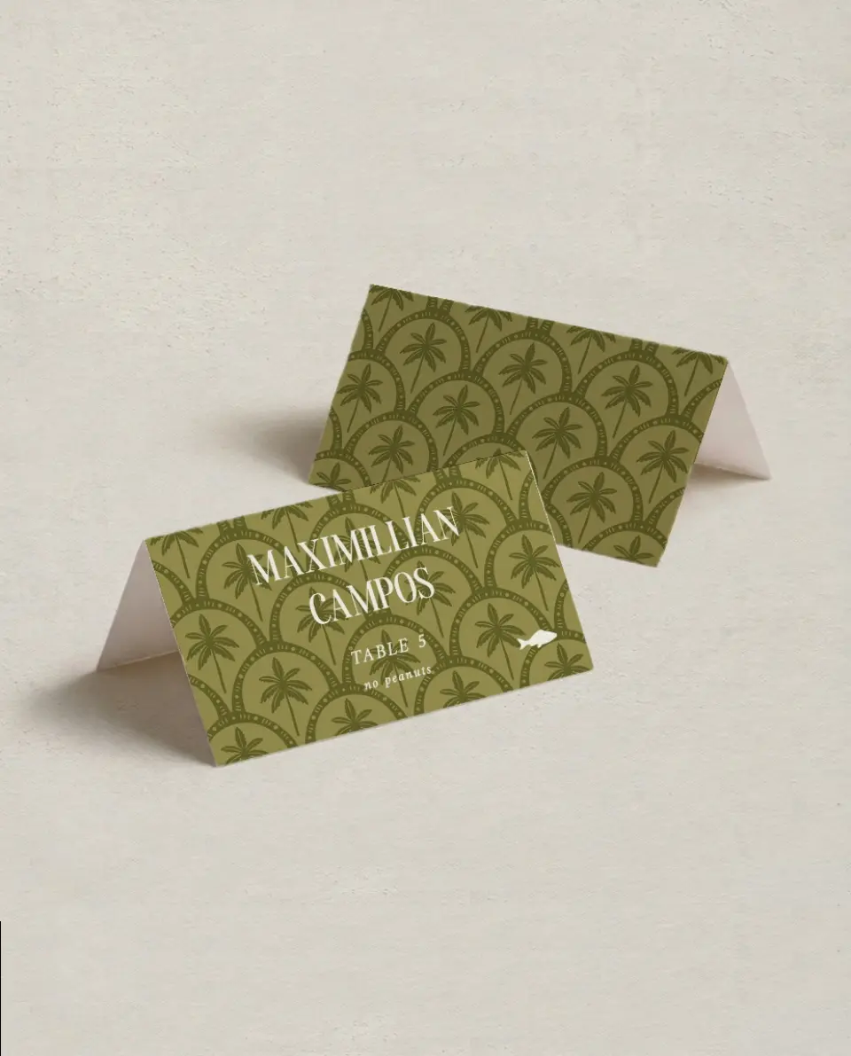 This is a 3½" x 2" Folded Wedding Place Card called Tropical Treasure printed in full color on Premium Smooth paper