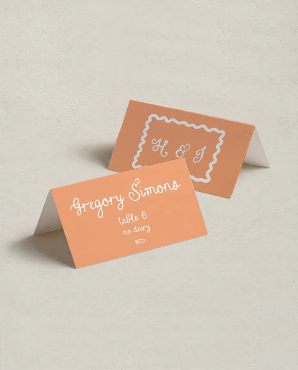 This is a 3½" x 2" Folded Wedding Place Card called Wavy Love printed in full color on Premium Smooth paper