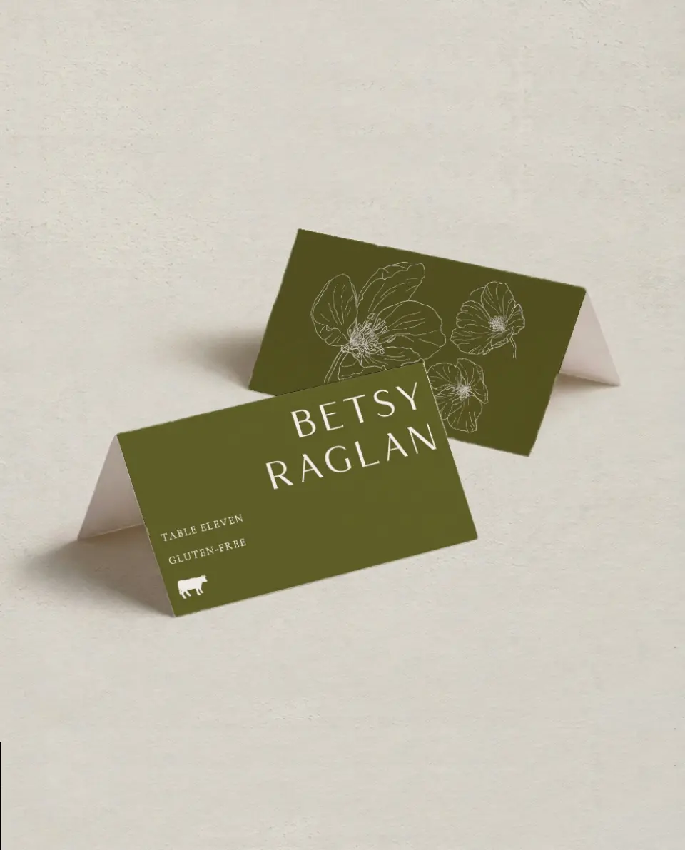 This is a 3½" x 2" Folded Wedding Place Card called Delicate Love printed in full color on Premium Smooth paper