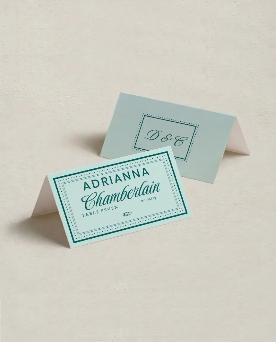 This is a 3½" x 2" Folded Wedding Place Card called Faithful Frame printed in full color on Premium Smooth paper