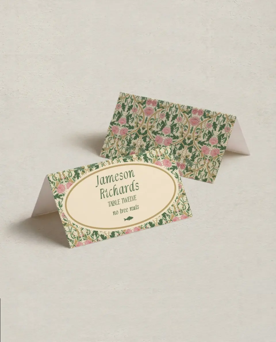 This is a 3½" x 2" Folded Wedding Place Card called Regal Garden printed in full color on Premium Smooth paper