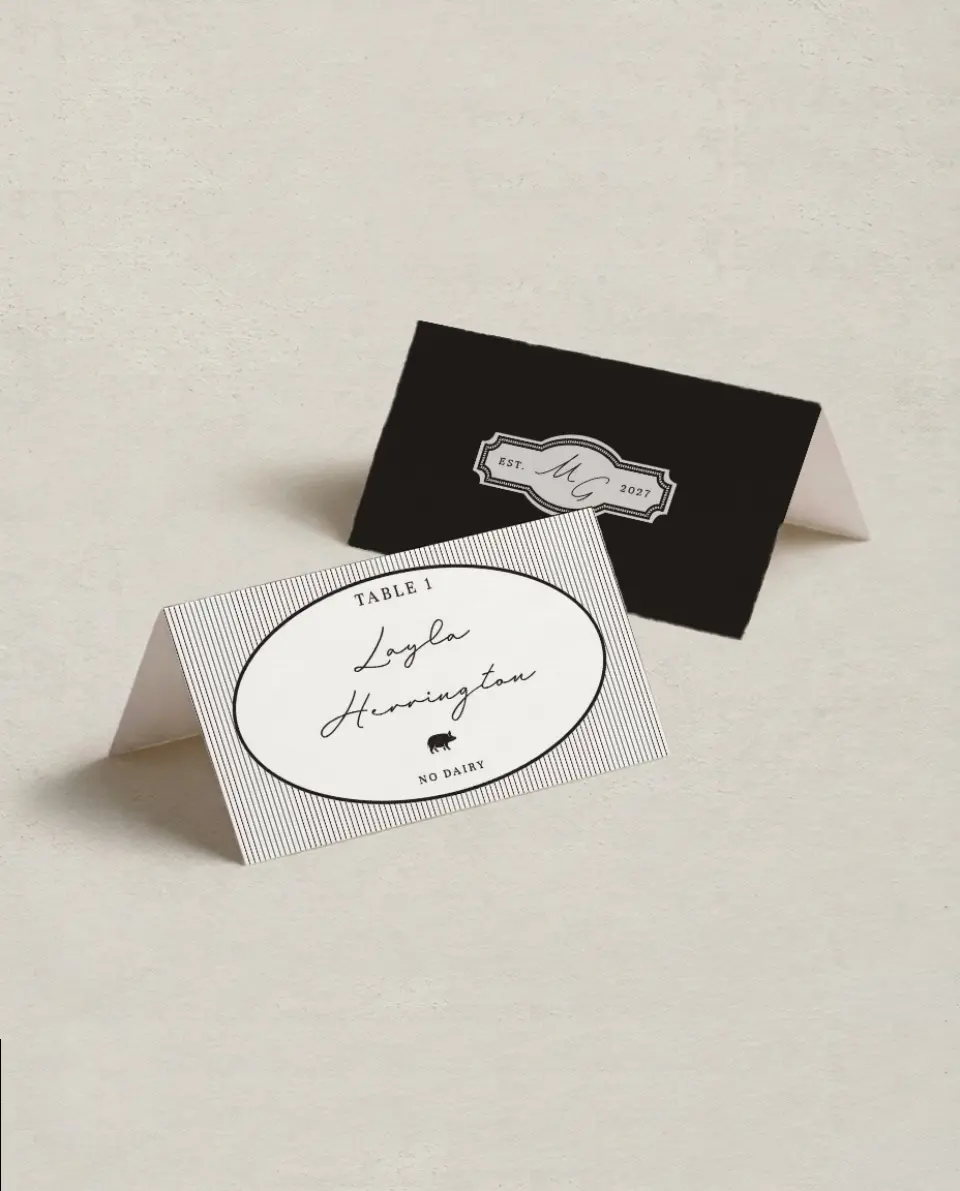 This is a 3½" x 2" Folded Wedding Place Card called Opulent Endearment printed in full color on Premium Smooth paper