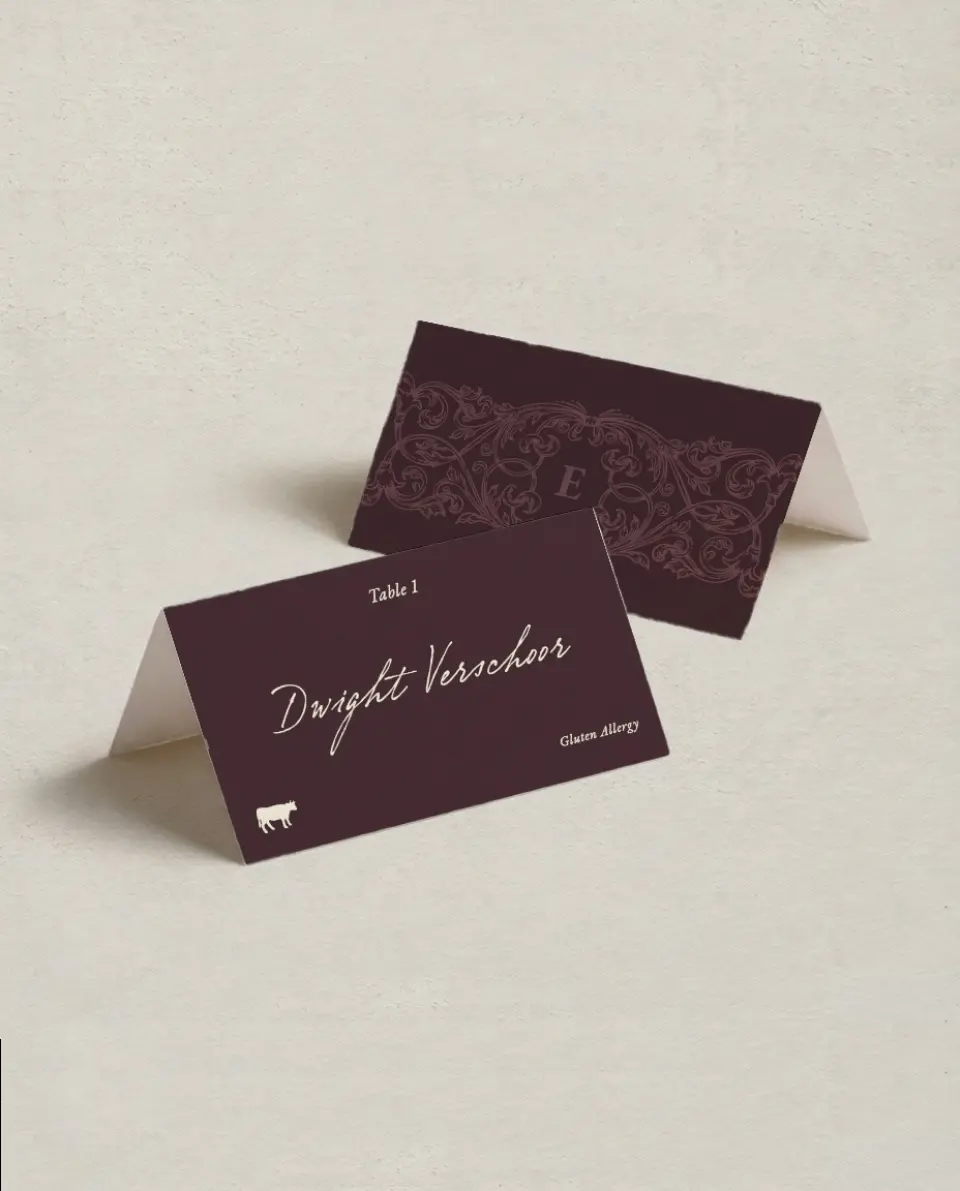 This is a 3½" x 2" Folded Wedding Place Card called Victorian Aura printed in full color on Premium Smooth paper