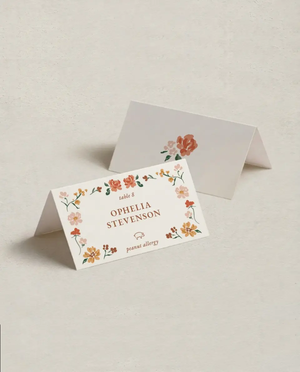 This is a 3½" x 2" Folded Wedding Place Card called Plush Petals printed in full color on Premium Smooth paper