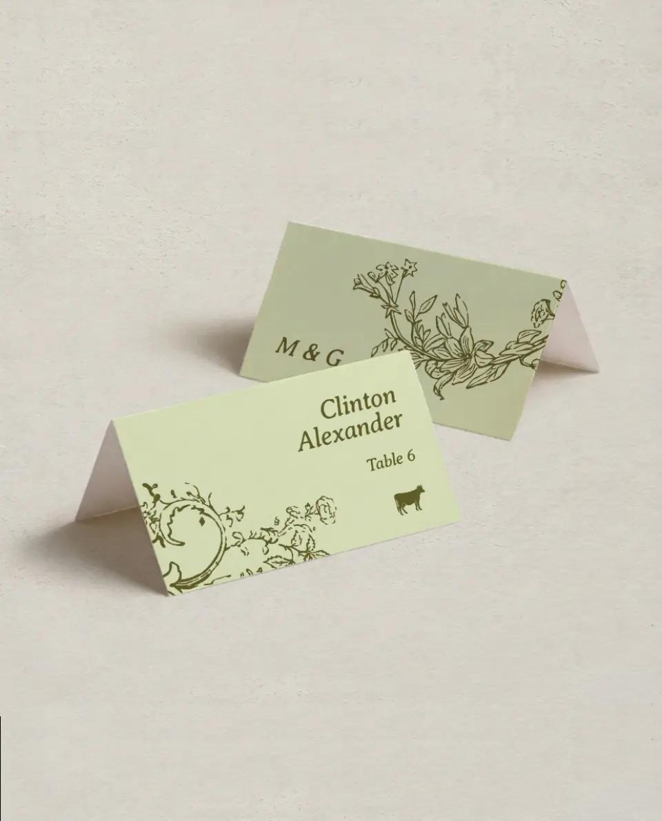 This is a 3½" x 2" Folded Wedding Place Card called Vintage Chinoiserie printed in full color on Premium Smooth paper