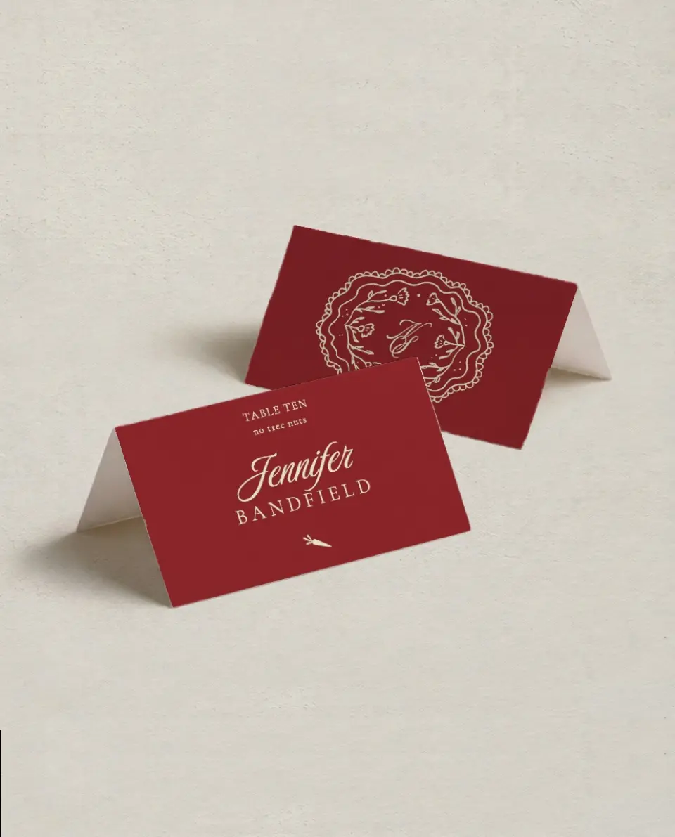 This is a 3½" x 2" Folded Wedding Place Card called Bloom & Crest printed in full color on Premium Smooth paper