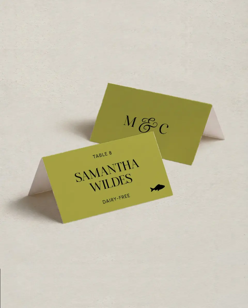 This is a 3½" x 2" Folded Wedding Place Card called The Mallory printed in full color on Premium Smooth paper