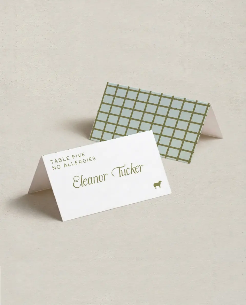 This is a 3½" x 2" Folded Wedding Place Card called The Rosemary printed in full color on Premium Smooth paper