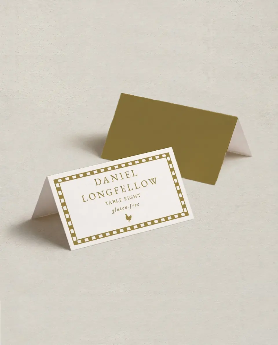 This is a 3½" x 2" Folded Wedding Place Card called The Jillian printed in full color on Premium Smooth paper