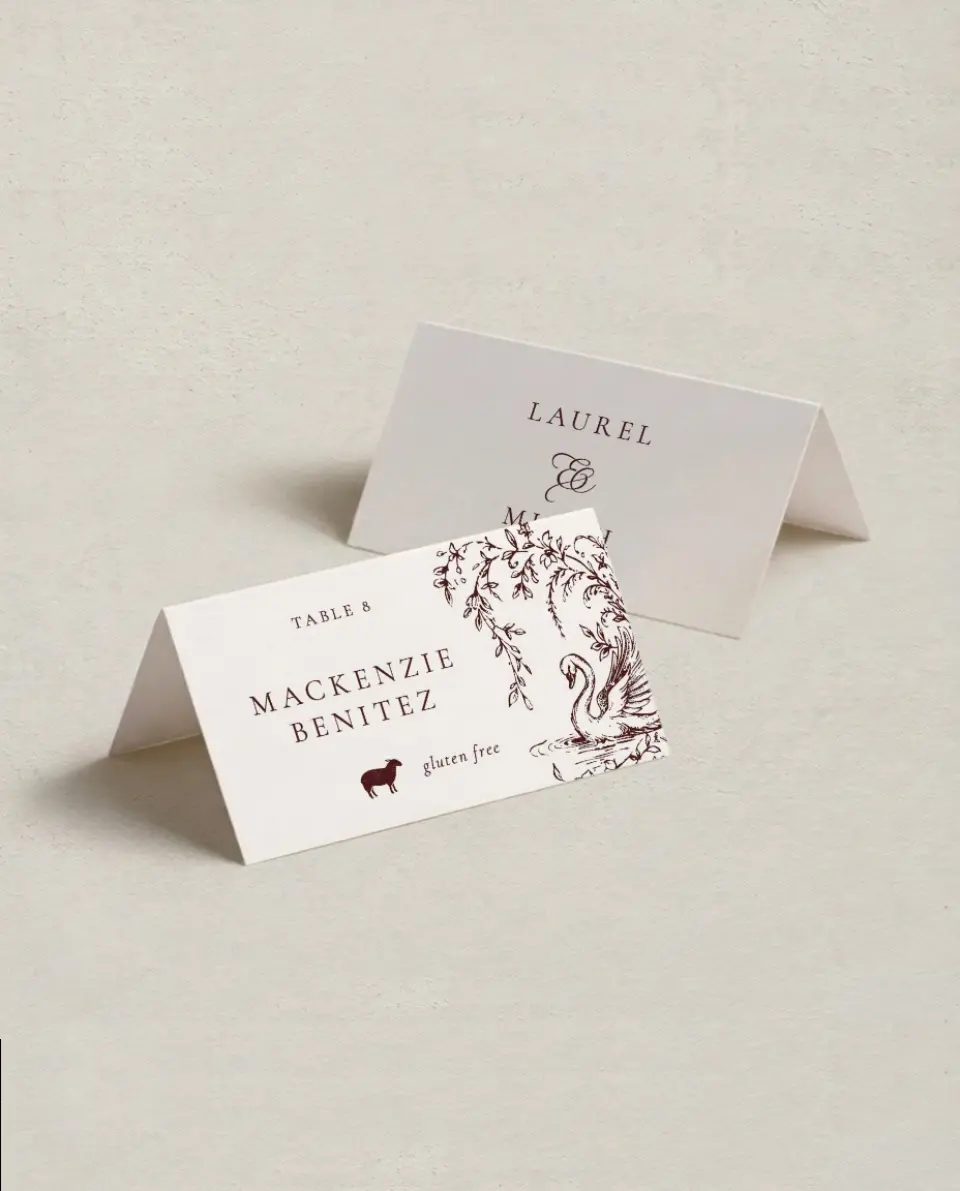 This is a 3½" x 2" Folded Wedding Place Card called Swan Song printed in full color on Premium Smooth paper