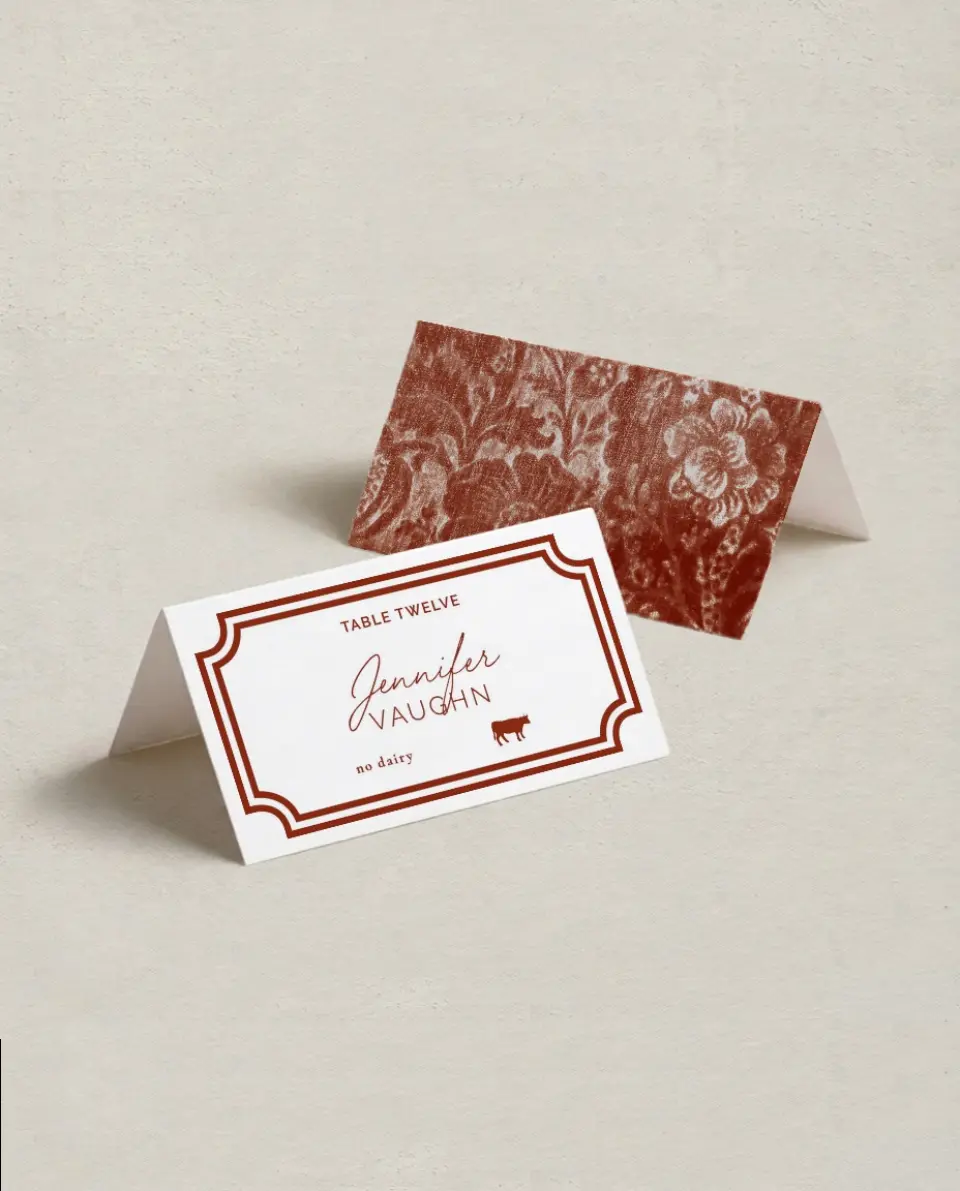 This is a 3½" x 2" Folded Wedding Place Card called The Chelsea printed in full color on Premium Smooth paper