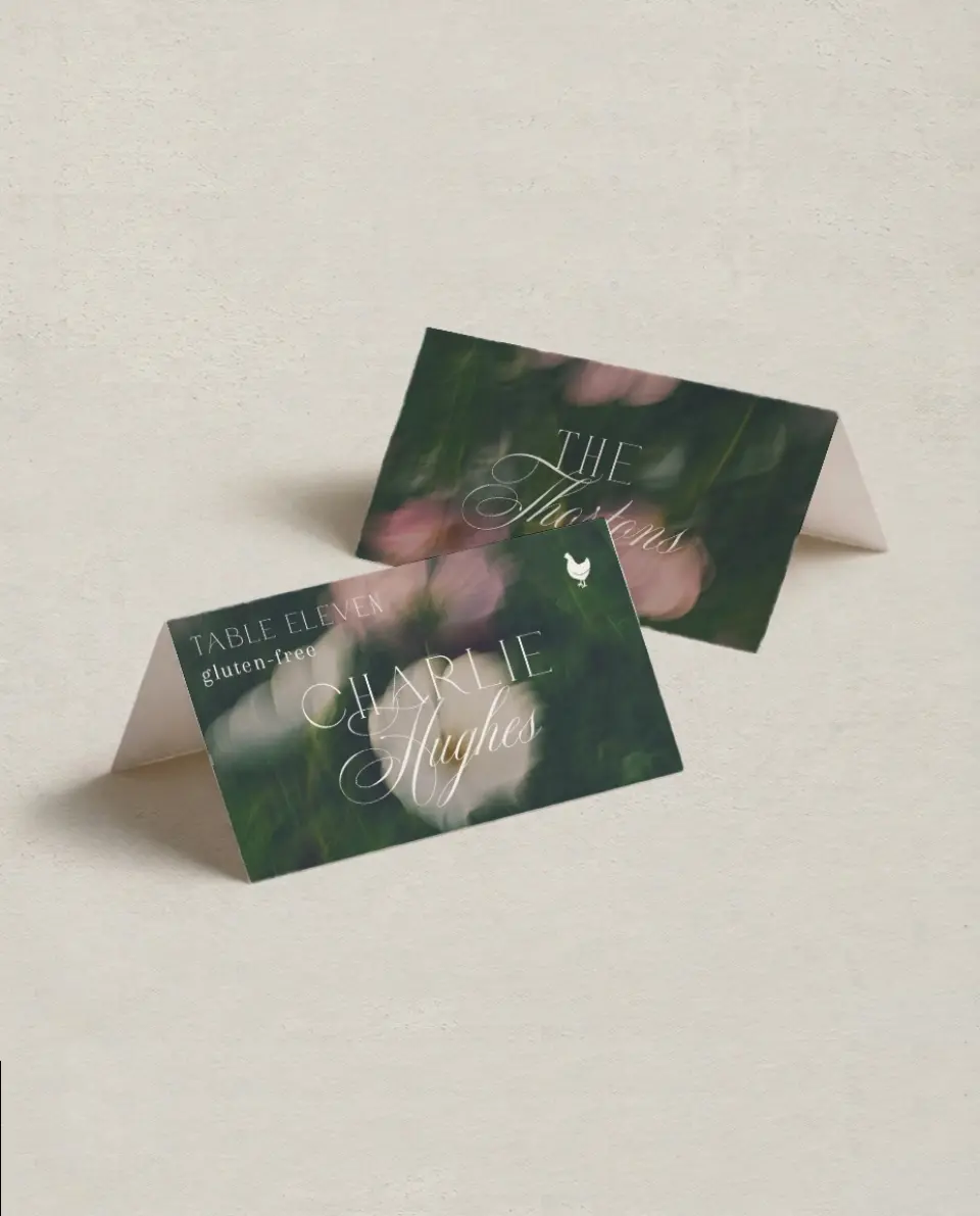 This is a 3½" x 2" Folded Wedding Place Card called The Bethany printed in full color on Premium Smooth paper