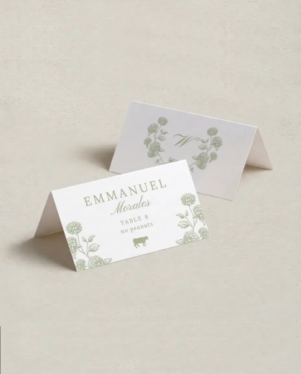 This is a 3½" x 2" Folded Wedding Place Card called Harmonious Hydrangea printed in full color on Premium Smooth paper