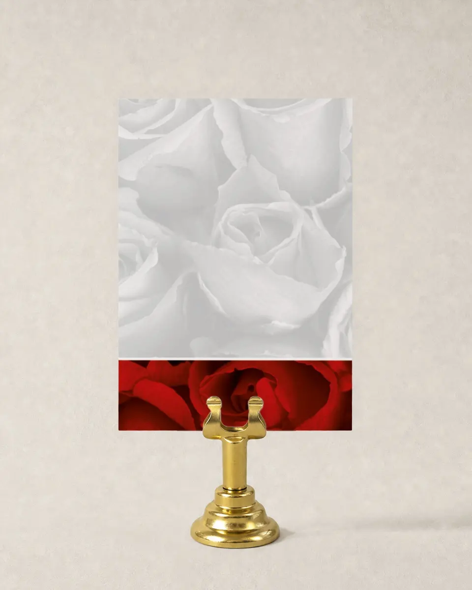This is a 3½" x 5" Wedding Table Number called Dramatic Roses printed in full color