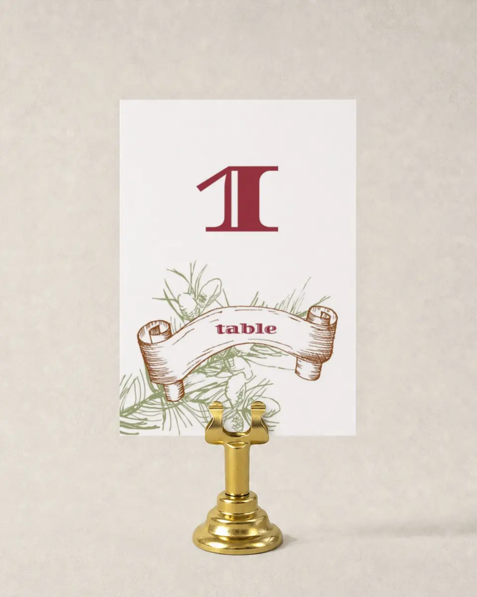 This is a 3½" x 5" Wedding Table Number called Evergreen Christmas printed in full color