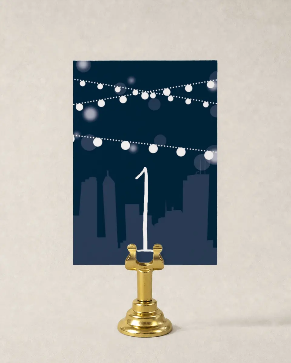 This is a 3½" x 5" Wedding Table Number called Rooftop Party printed in full color