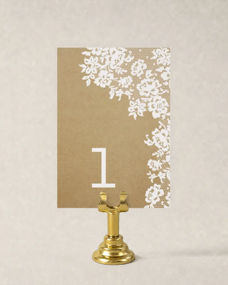 This is a 3½" x 5" Wedding Table Number called Floral Lace printed in full color