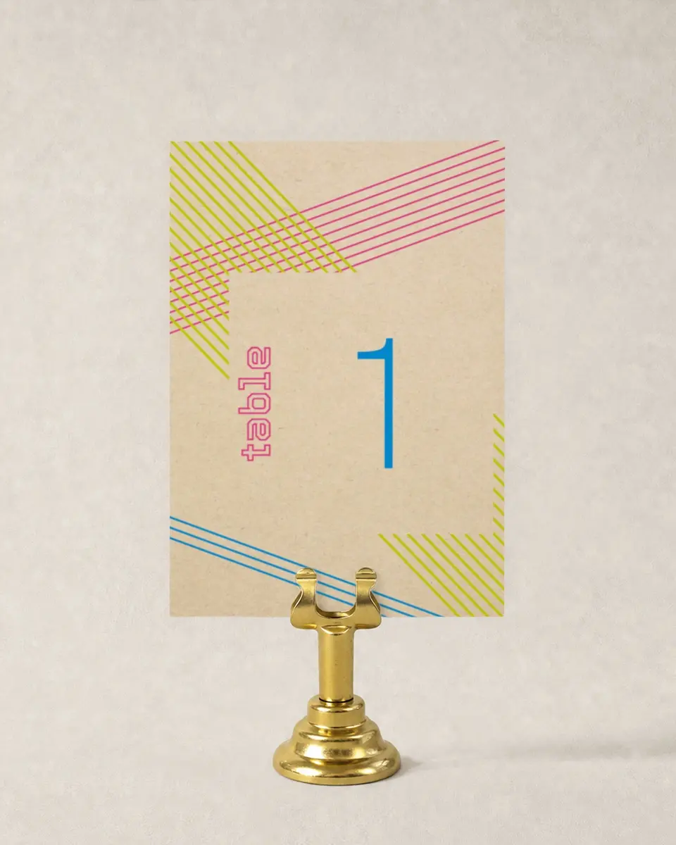 This is a 3½" x 5" Wedding Table Number called Flirty Neon printed in full color