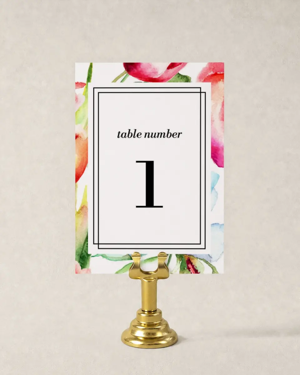 This is a 3½" x 5" Wedding Table Number called Floral Watercolor printed in full color