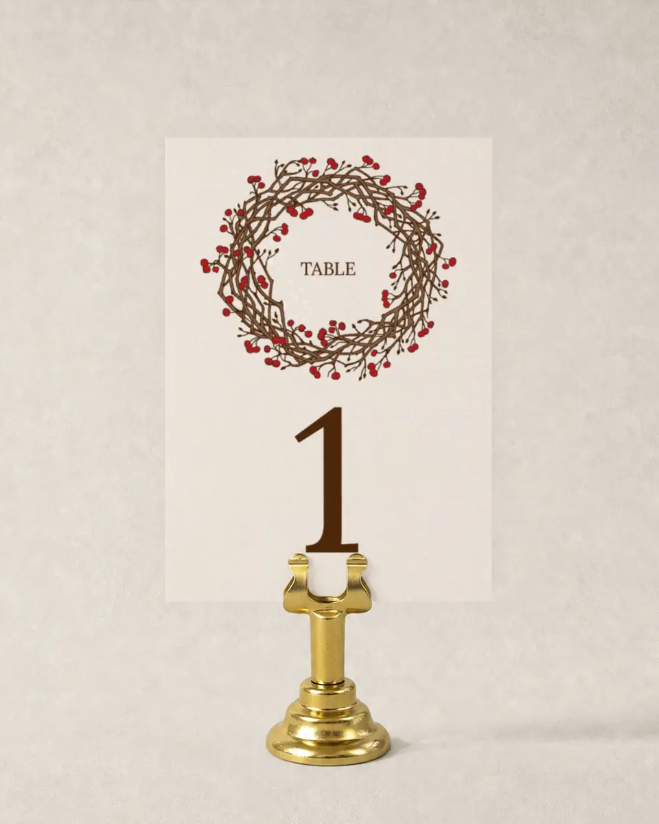 This is a 3½" x 5" Wedding Table Number called Winter Berries printed in full color
