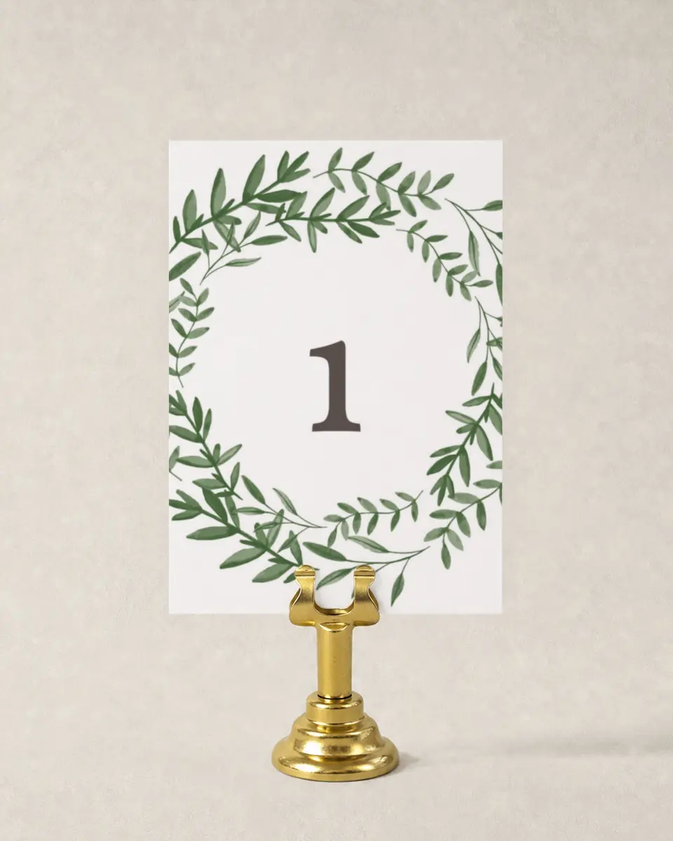 This is a 3½" x 5" Wedding Table Number called Watercolor Laurel printed in full color