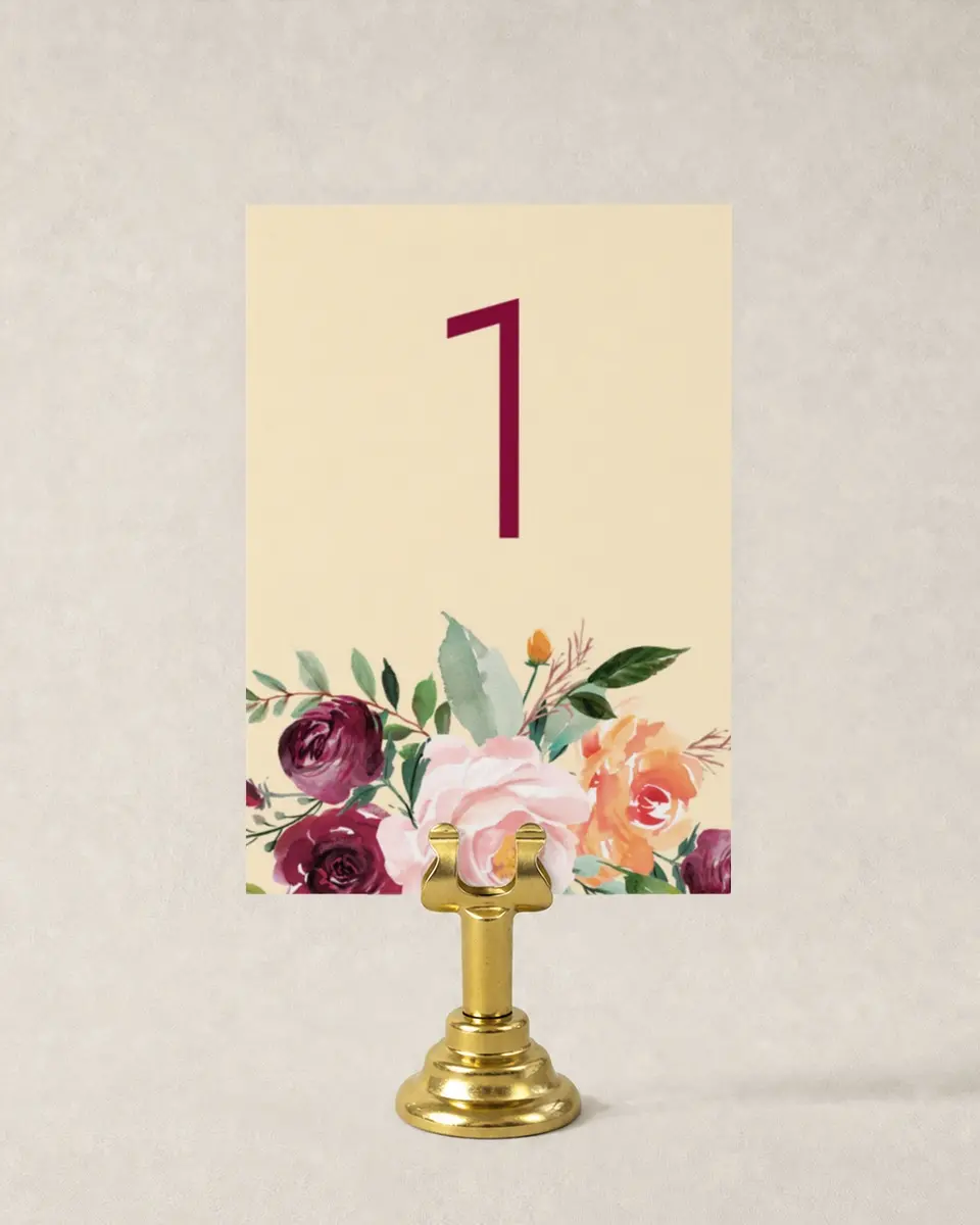 This is a 3½" x 5" Wedding Table Number called Country Florals printed in full color