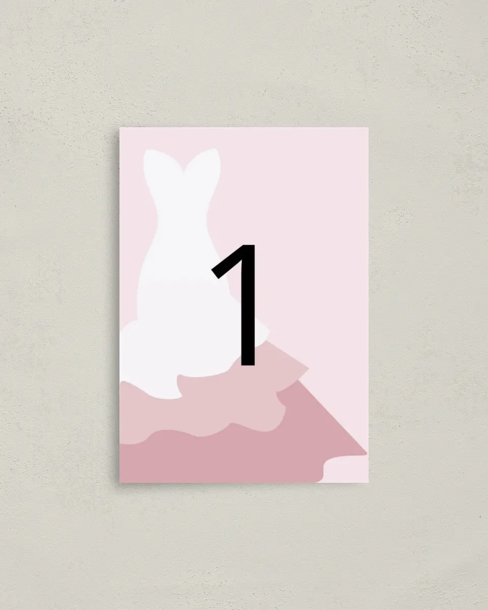 This is a 3½" x 5" Quinceanera Table Number called Gown Glam printed in full color