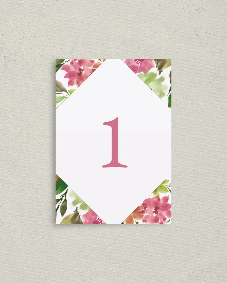 This is a 3½" x 5" Quinceanera Table Number called Blissful Bouquet printed in full color