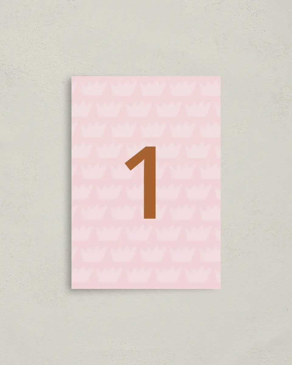 This is a 3½" x 5" Quinceanera Table Number called Magical Crown printed in full color