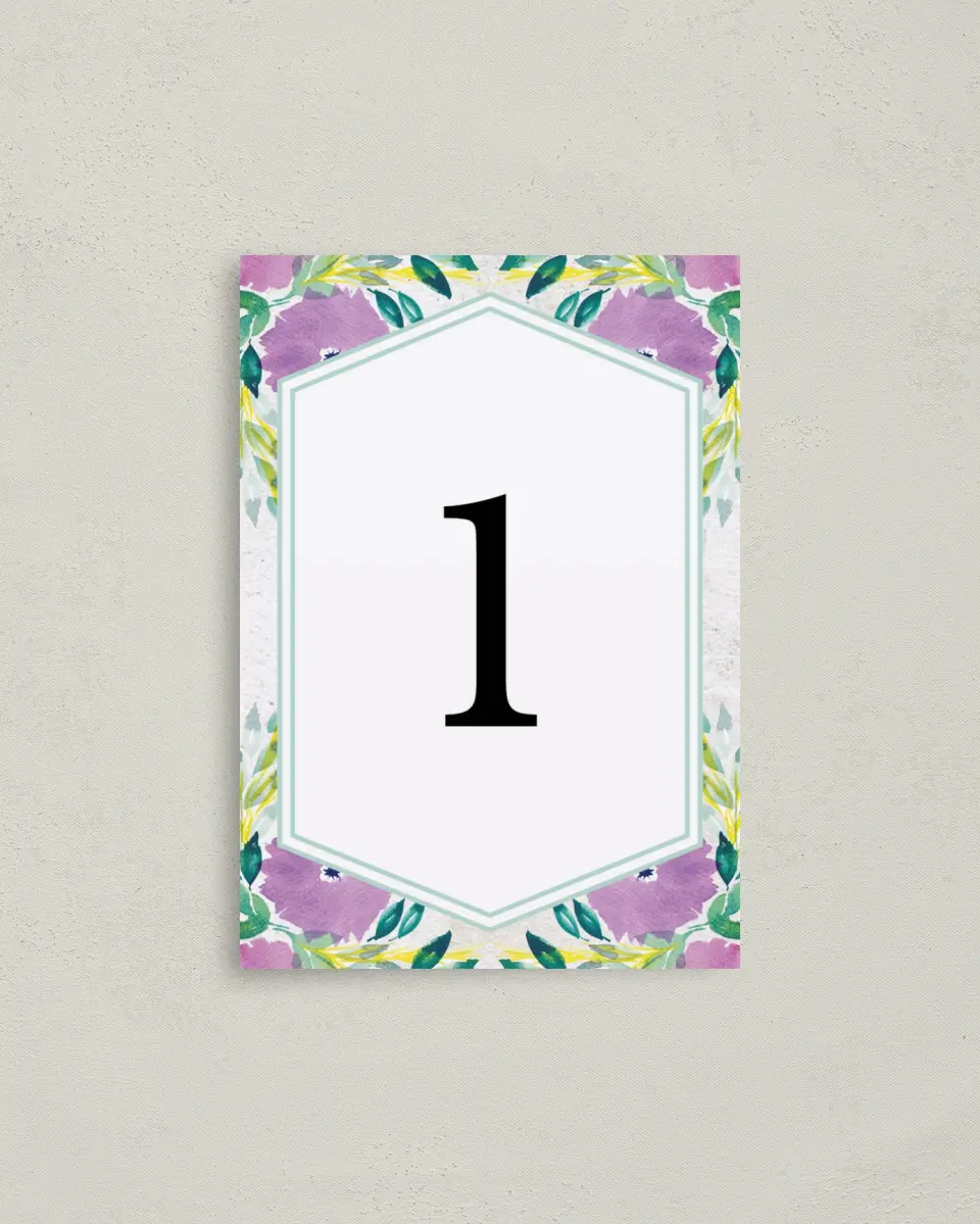 This is a 3½" x 5" Quinceanera Table Number called Watercolor Wow printed in full color