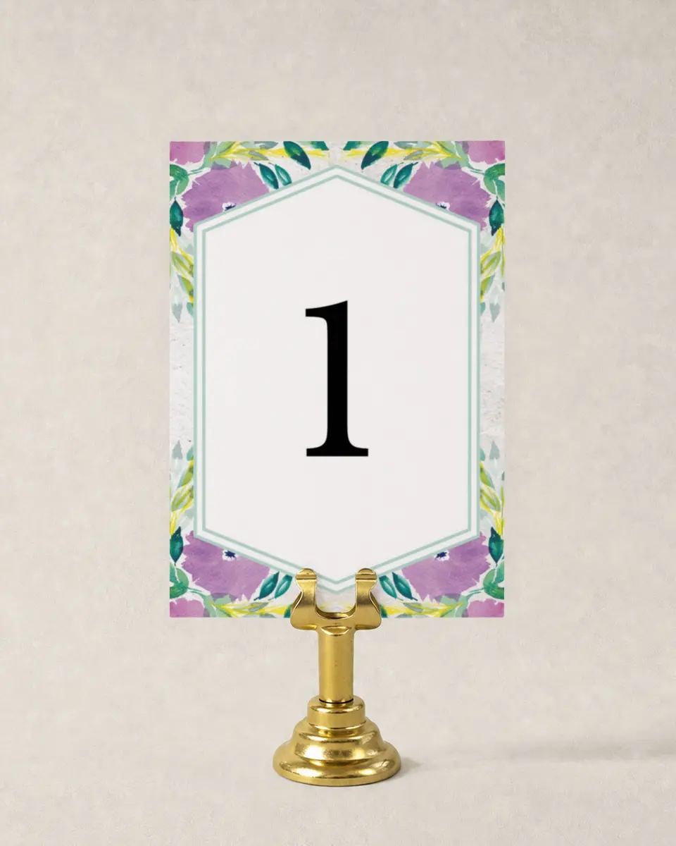 This is a 3½" x 5" Quinceanera Table Number called Watercolor Wow printed in full color