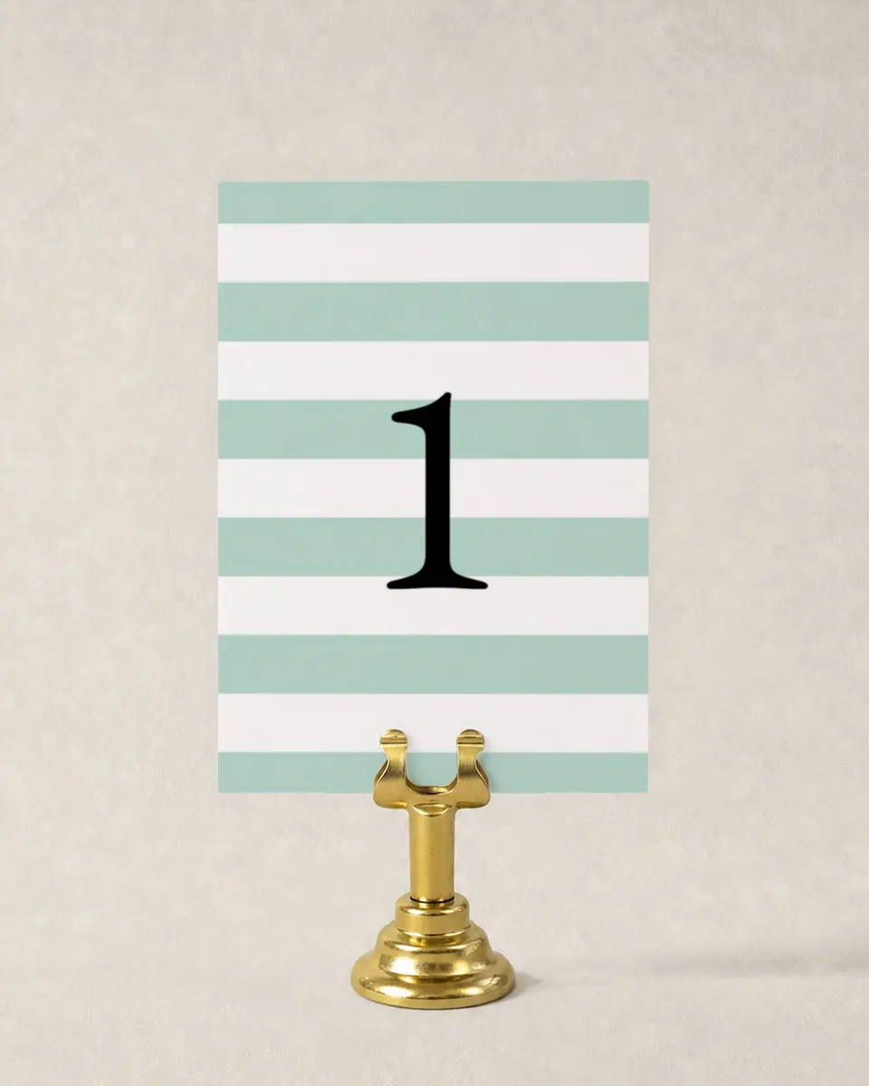 This is a 3½" x 5" Quinceanera Table Number called Stripe Devotion printed in full color