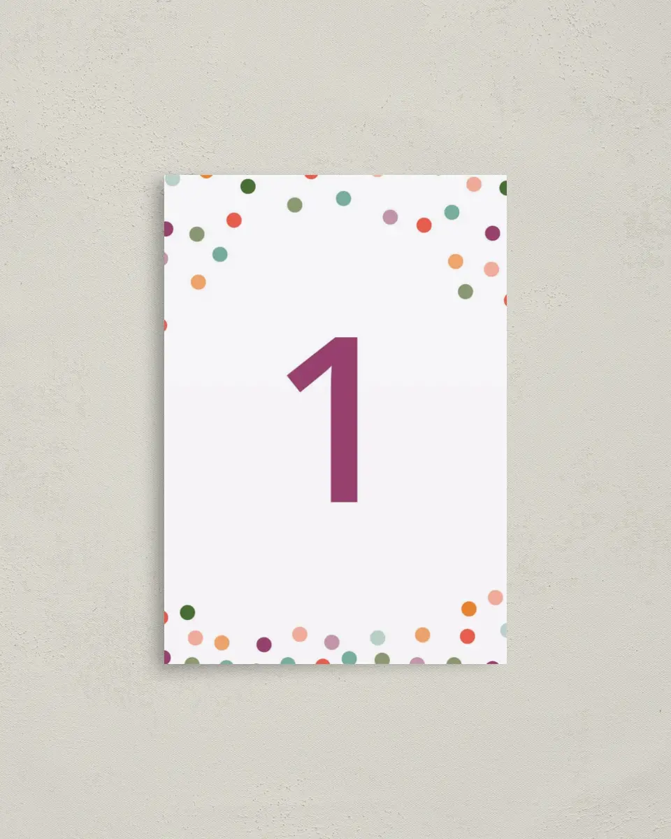 This is a 3½" x 5" Wedding Table Number called Radiant Dots printed in full color