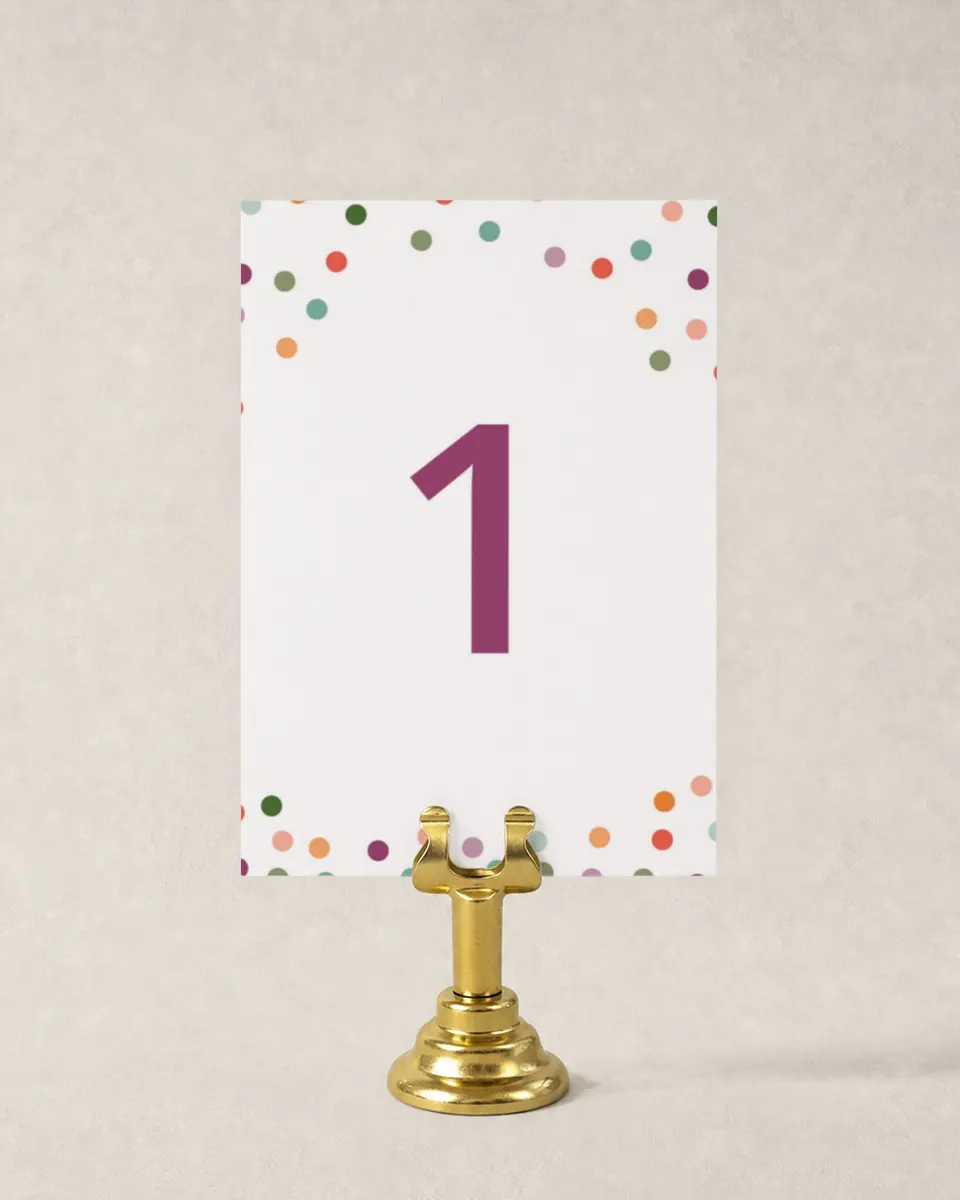 This is a 3½" x 5" Wedding Table Number called Radiant Dots printed in full color