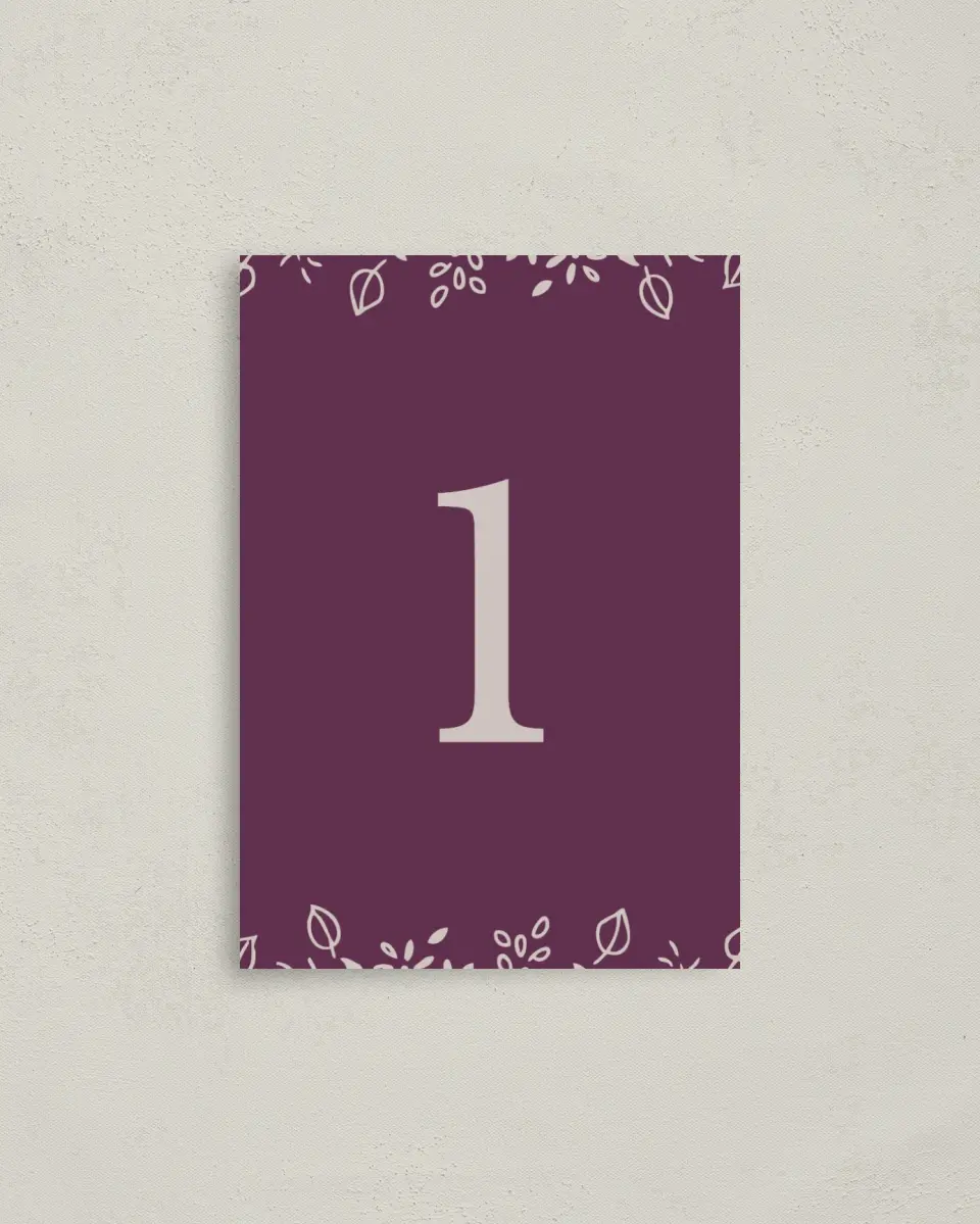 This is a 3½" x 5" Wedding Table Number called Flora Flourish printed in full color
