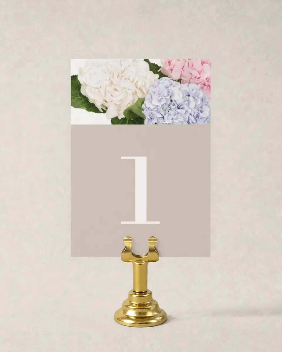 This is a 3½" x 5" Wedding Table Number called Antique Hydrangea printed in full color