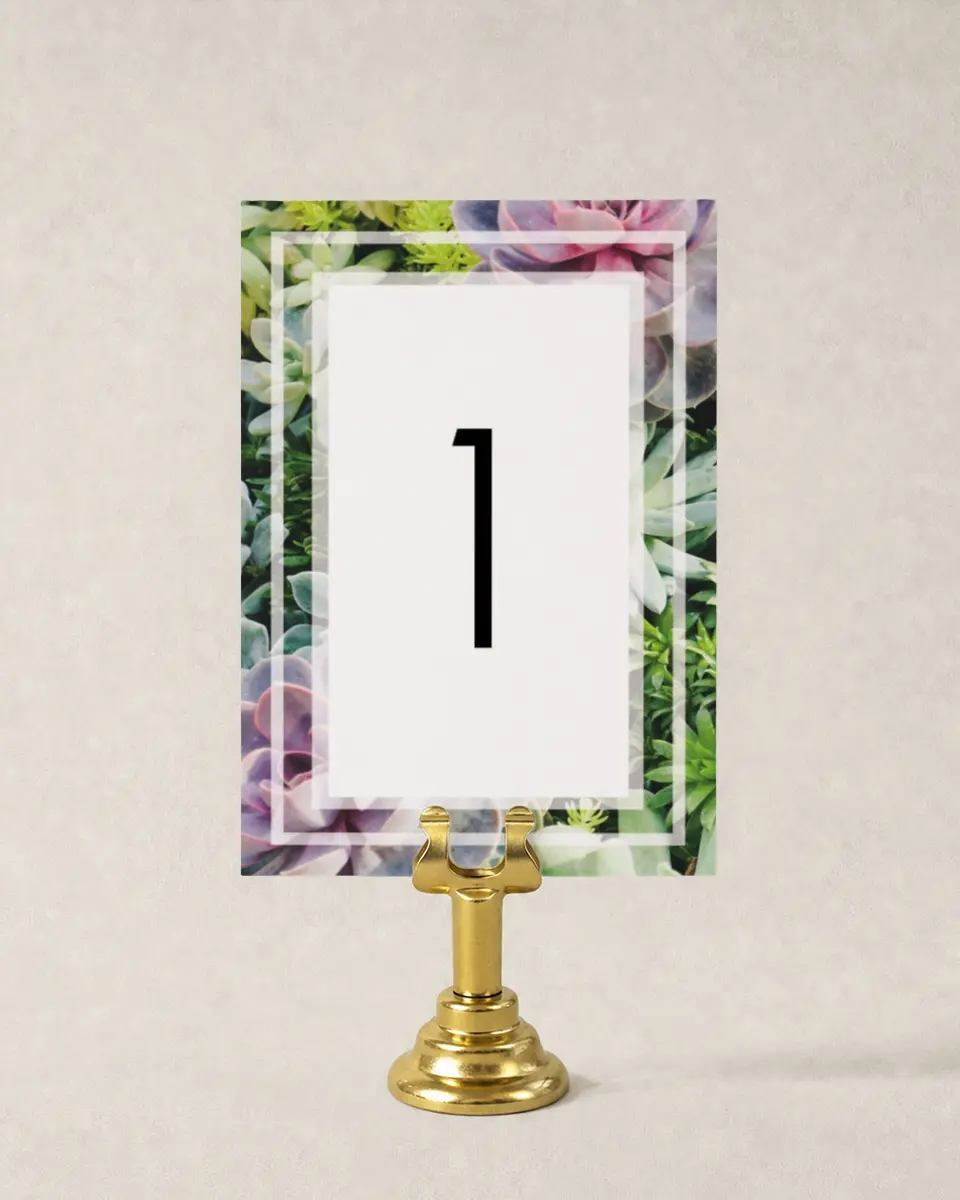 This is a 3½" x 5" Wedding Table Number called Sophisticated Succulents printed in full color