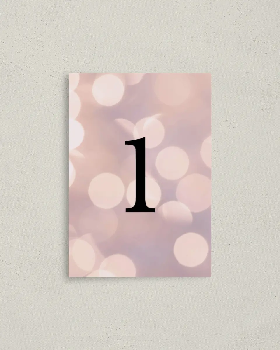 This is a 3½" x 5" Quinceanera Table Number called Elegant Bokeh printed in full color