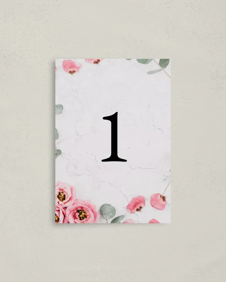 This is a 3½" x 5" Quinceanera Table Number called Lovely Blooms printed in full color