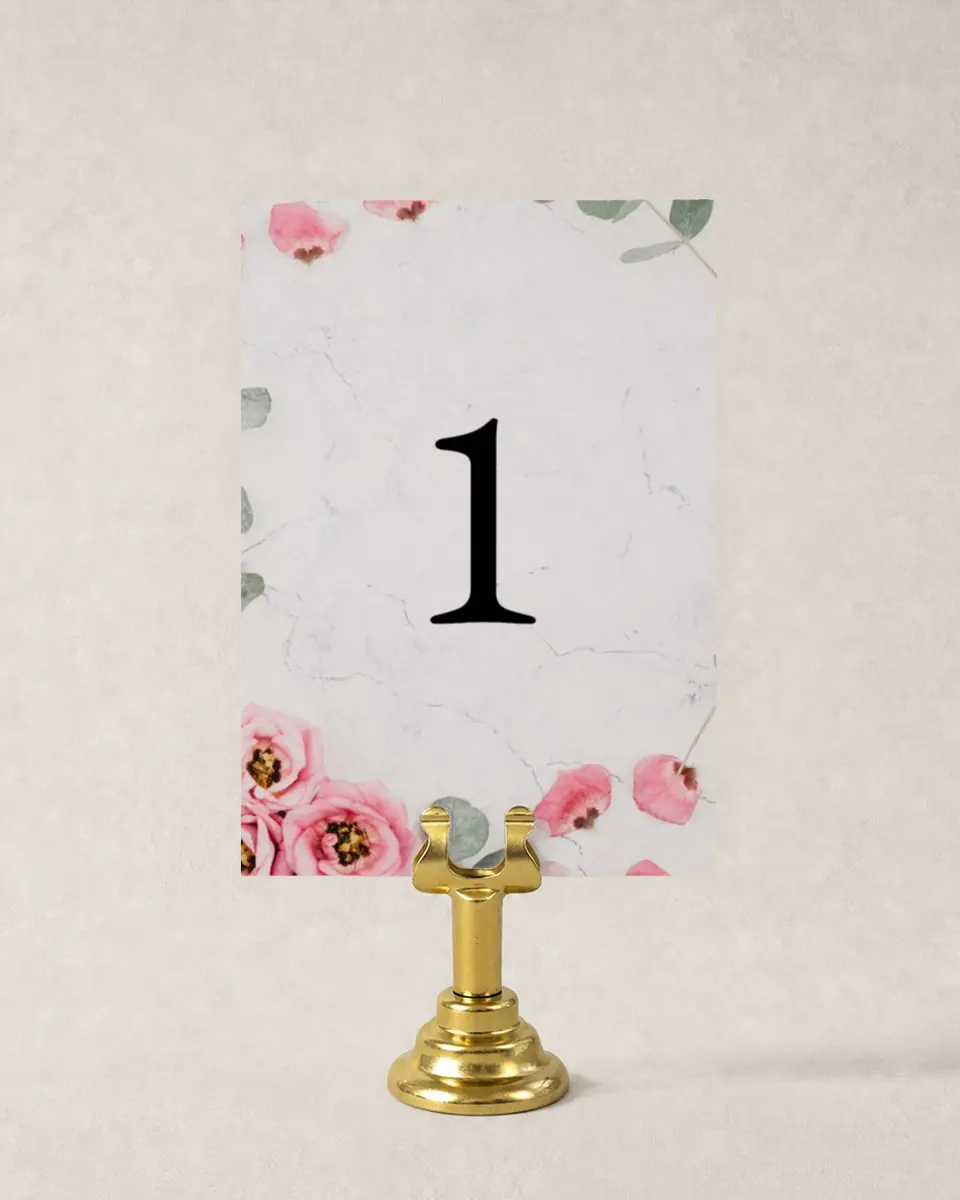This is a 3½" x 5" Quinceanera Table Number called Lovely Blooms printed in full color