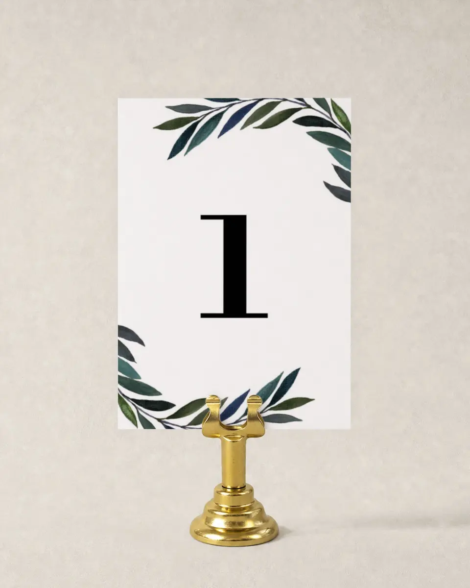 This is a 3½" x 5" Wedding Table Number called Laurel Crown printed in full color